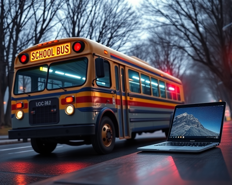 school bus, lightsaber, laptop